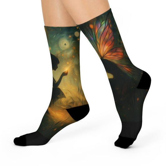 Colorful socks with artistic designs on a white background