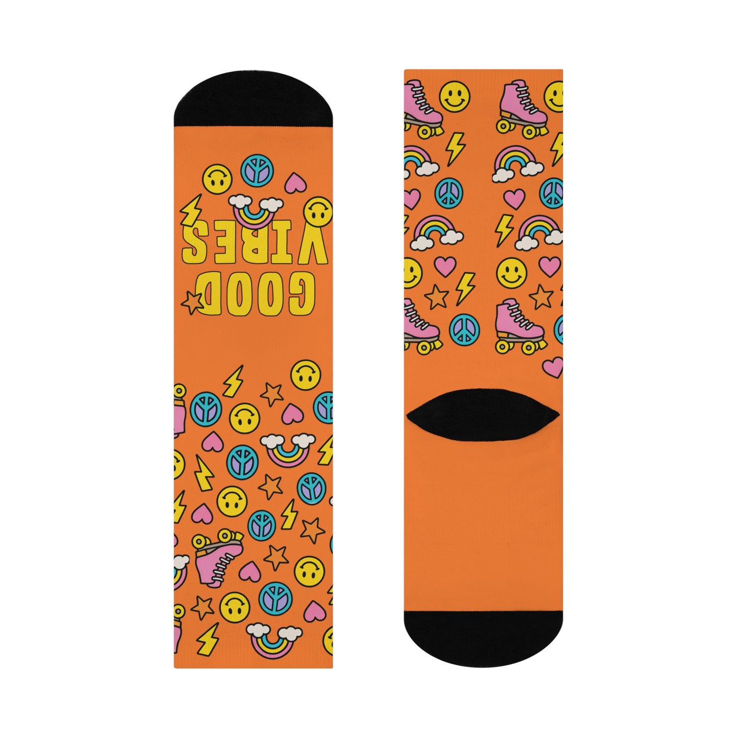 Orange socks with colorful patterns on a white background