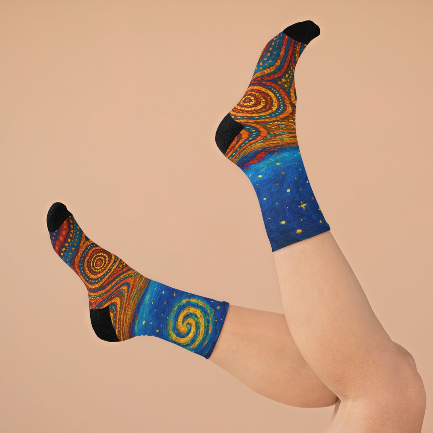 Colorful patterned socks on a beige background