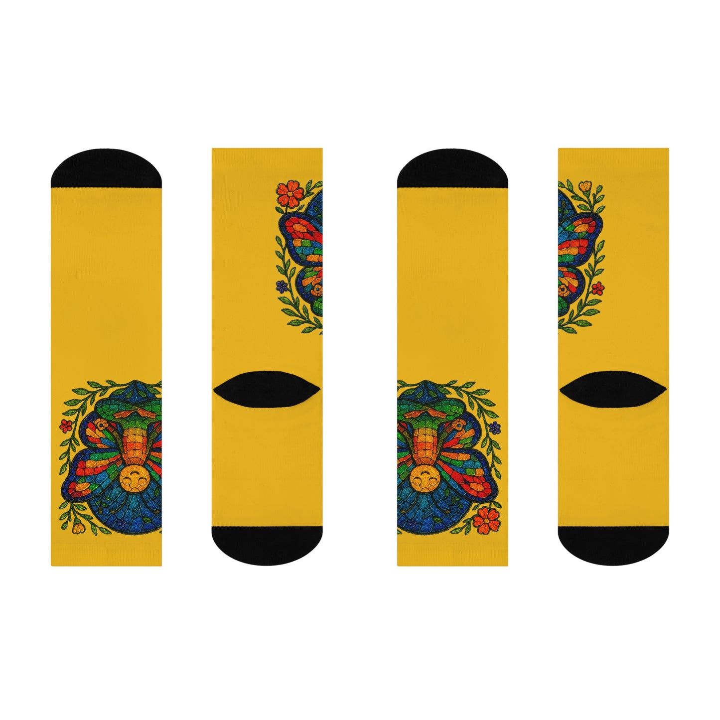 Four colorful socks with butterfly design on a yellow background