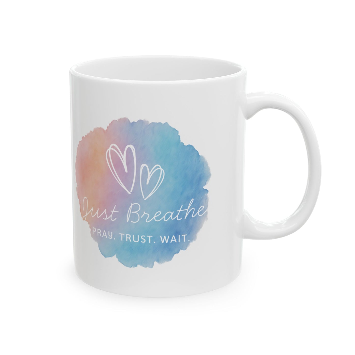 White mug with a colorful watercolor design and text on a white background