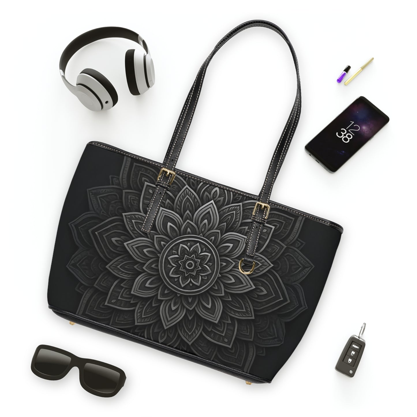 Stylish PU Leather Shoulder Bag with Mandala Design, Fashion Tote, Everyday Handbag, Gift for Her, Chic Accessory
