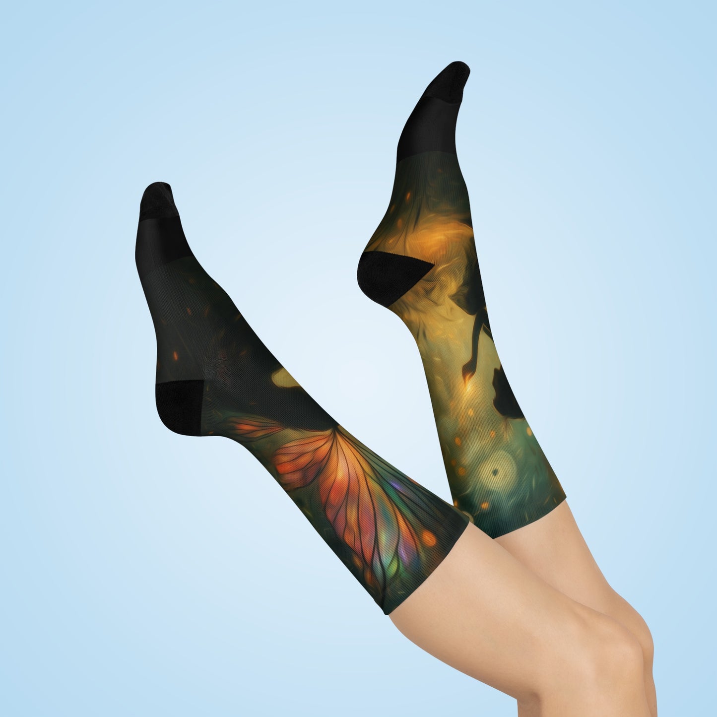 Colorful butterfly-themed socks on a light blue background