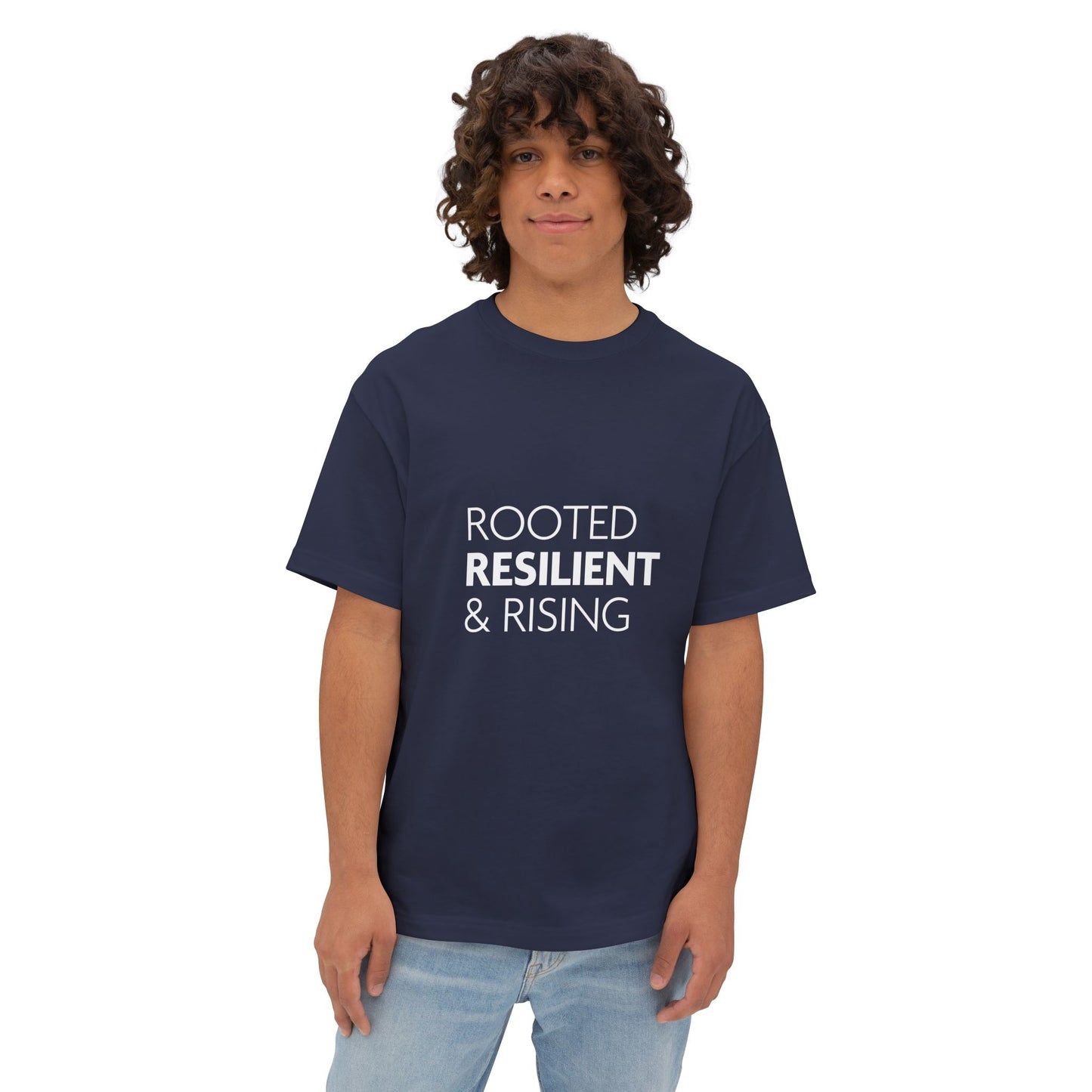 Person wearing a navy blue t-shirt with 'ROOTED RESILIENT & RISING' text on a white background