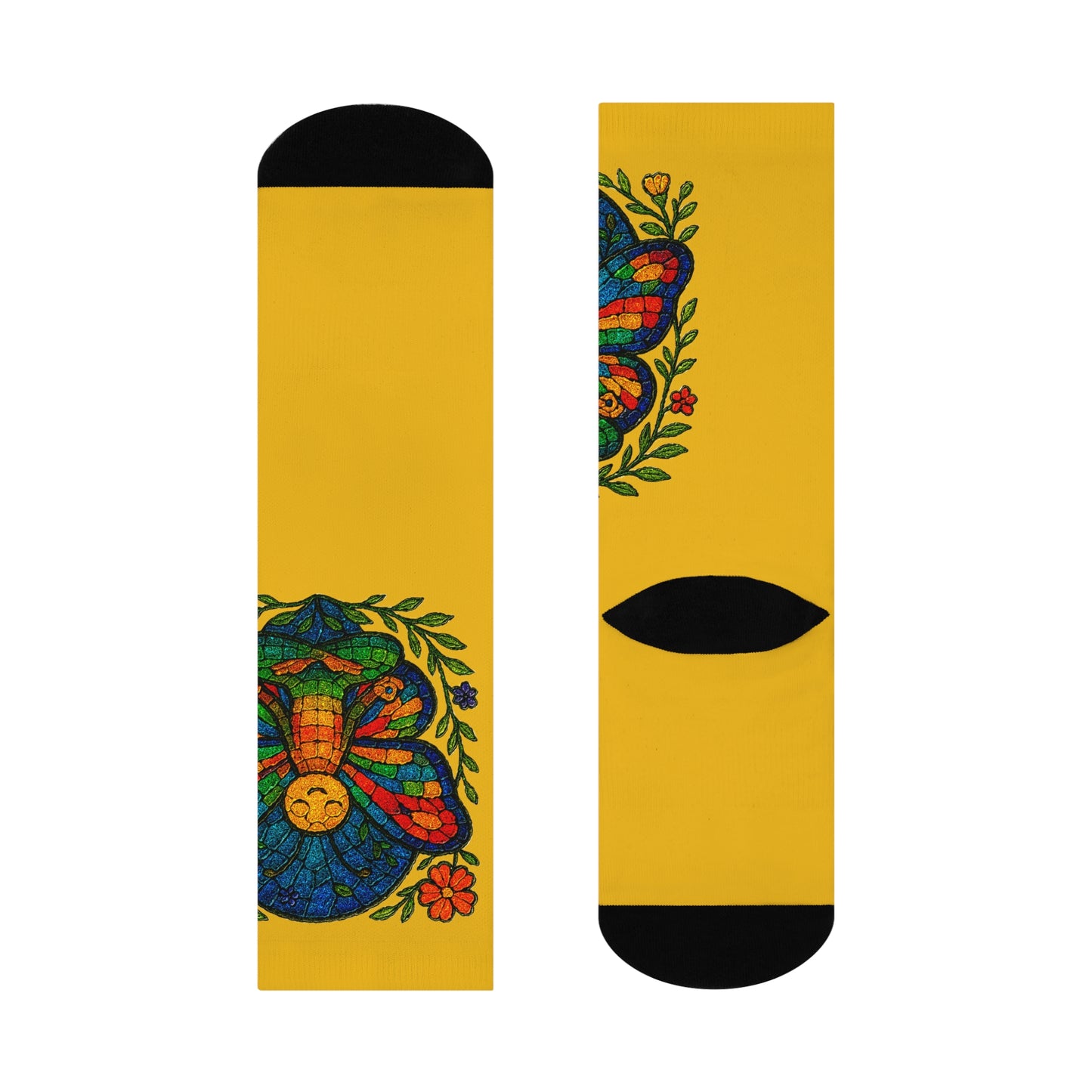 Pair of socks with colorful butterfly design on a yellow background