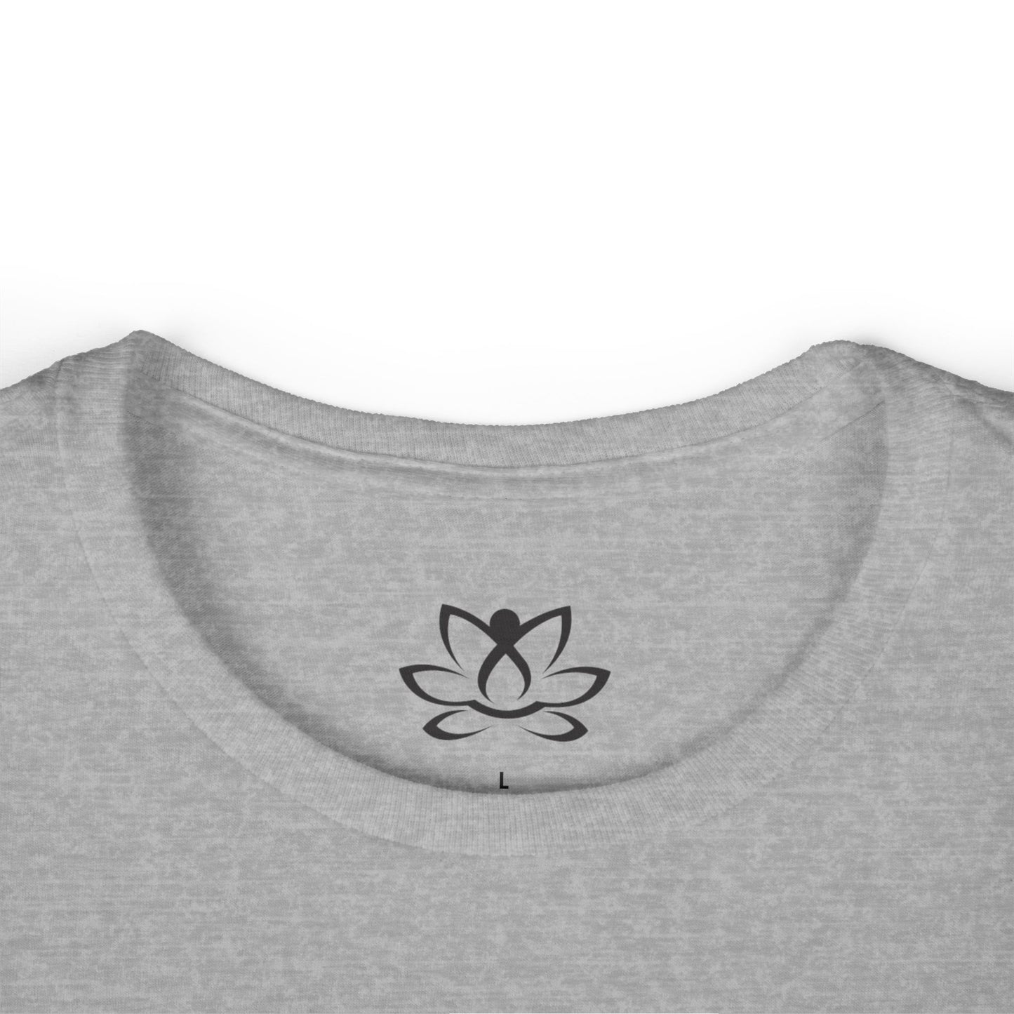 Gray t-shirt with a black lotus flower symbol on a white background