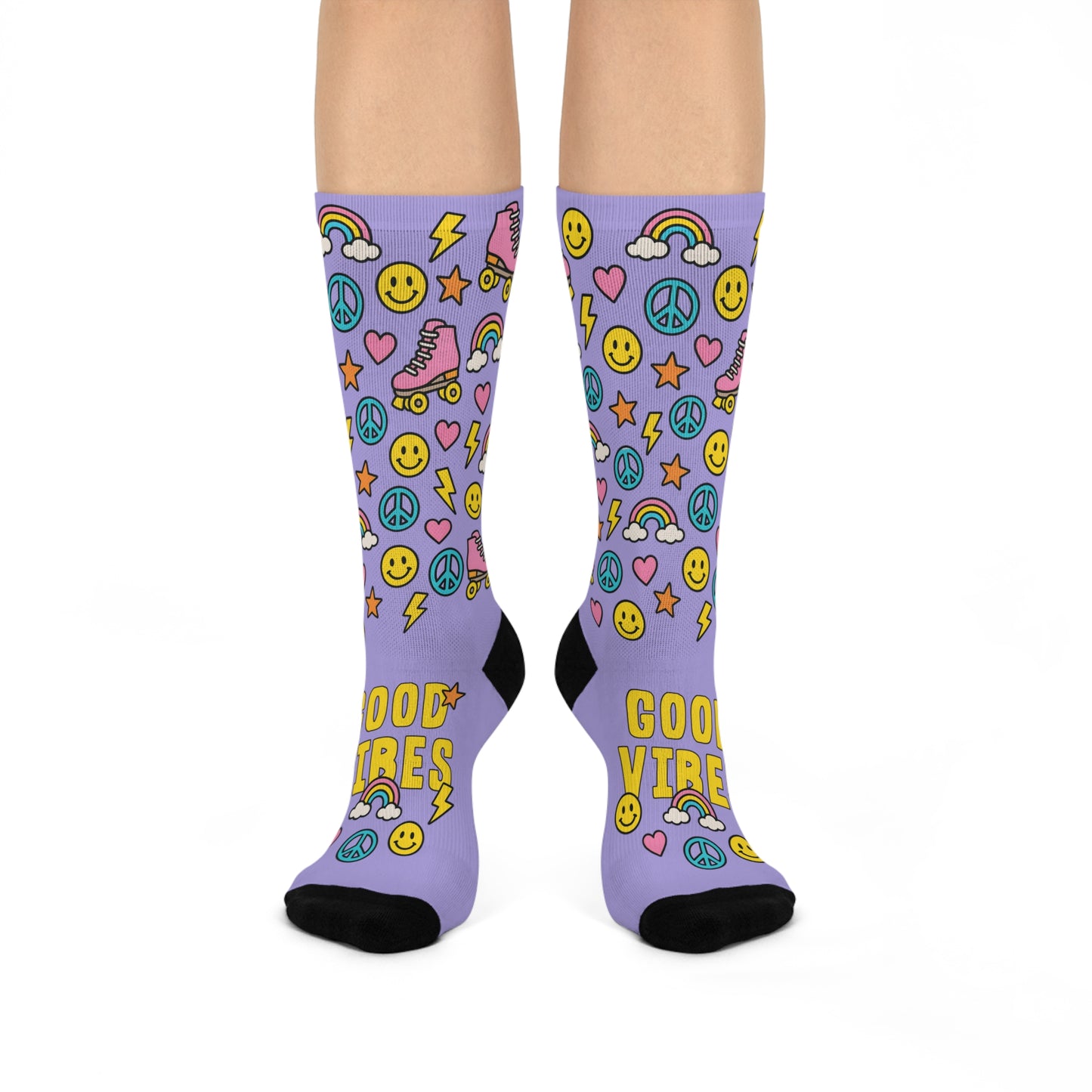 Purple socks with colorful designs and text on a white background