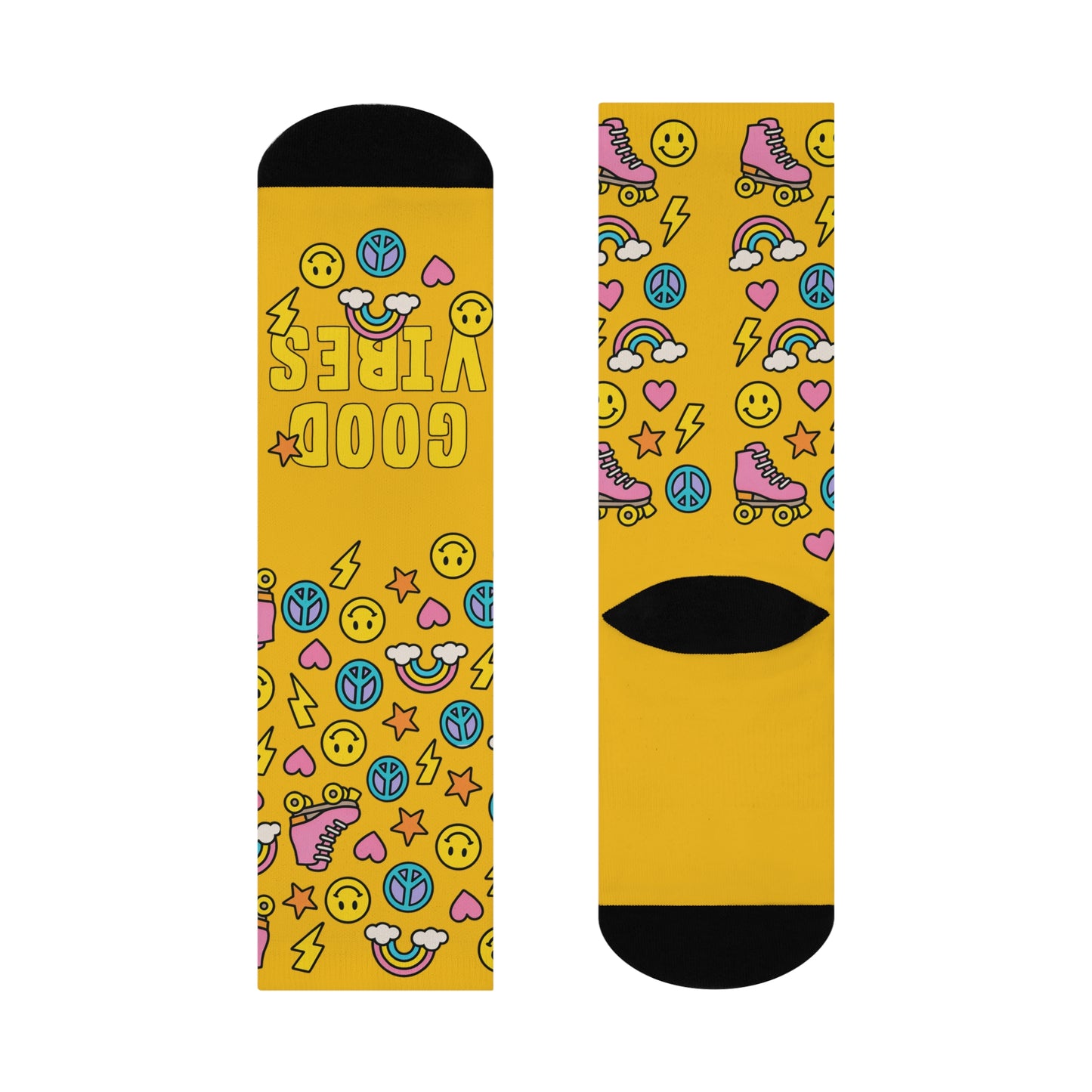Two yellow socks with colorful patterns on a white background