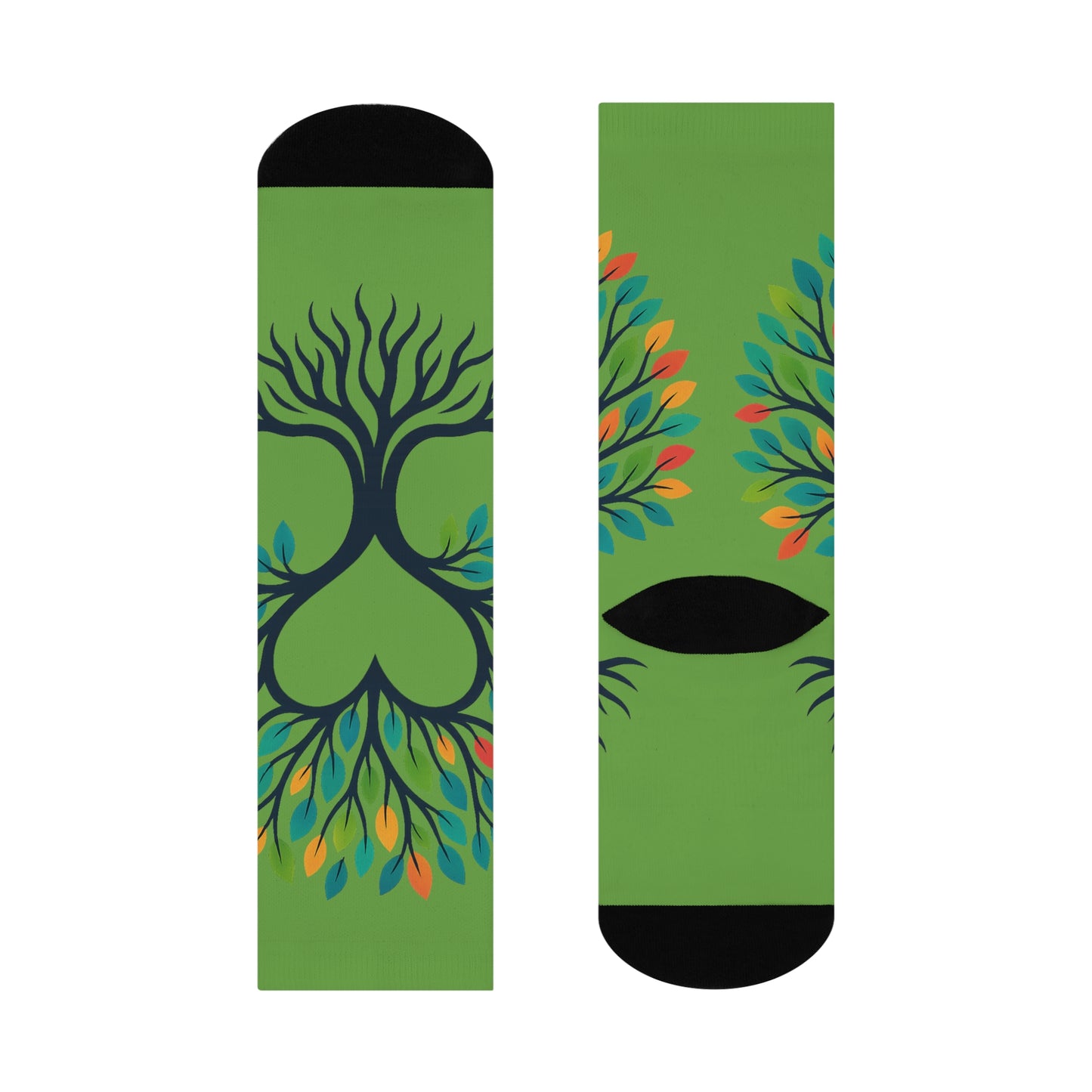 Green socks with tree design on a white background