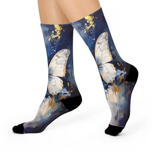 Butterfly-themed socks on a white background