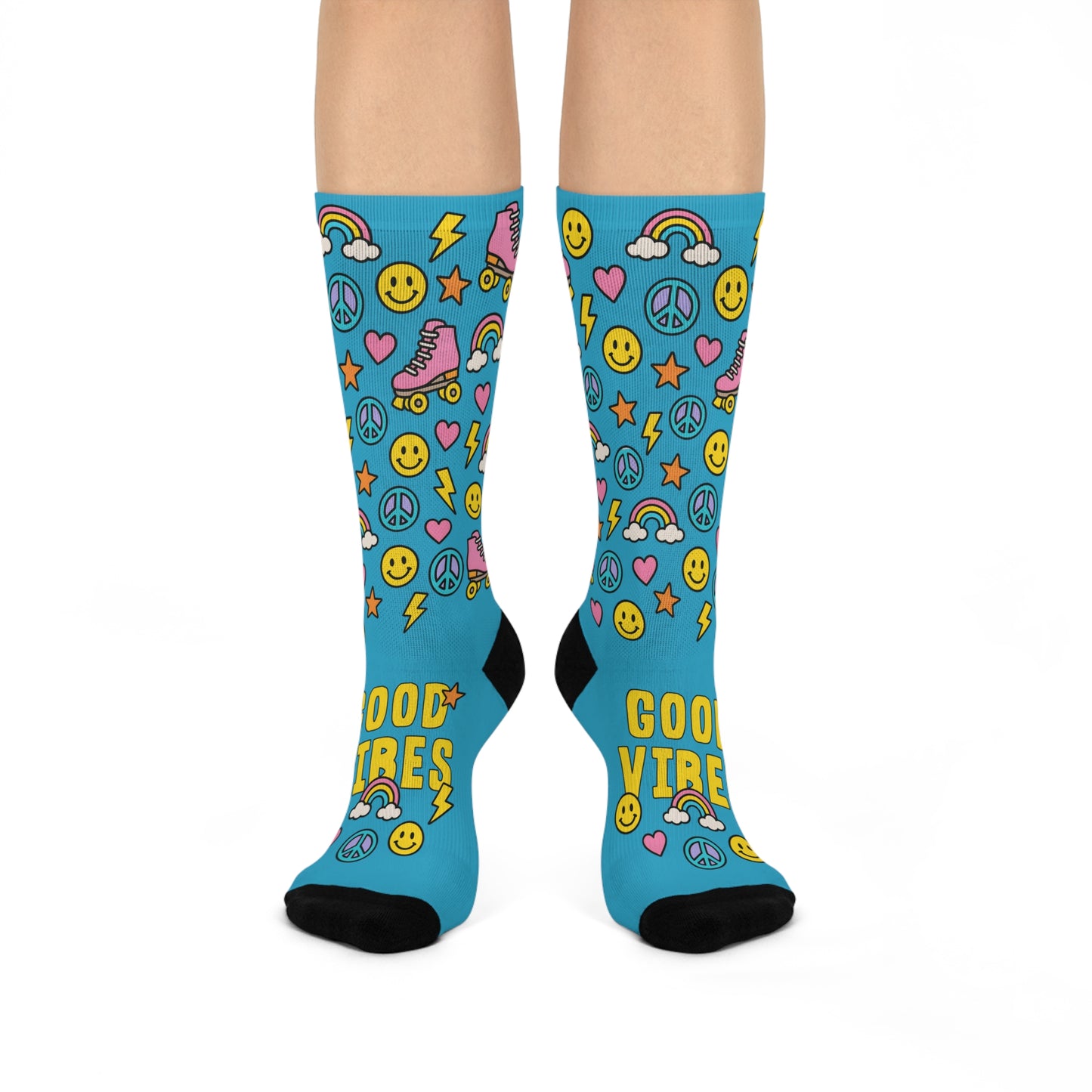 Blue knee-high socks with colorful patterns and text on a white background