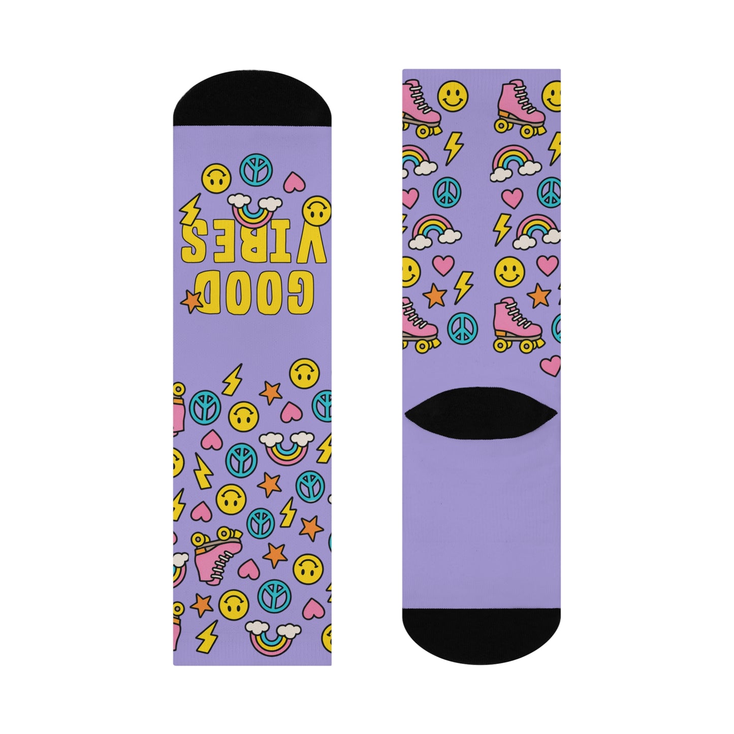Pair of socks with colorful patterns on a white background