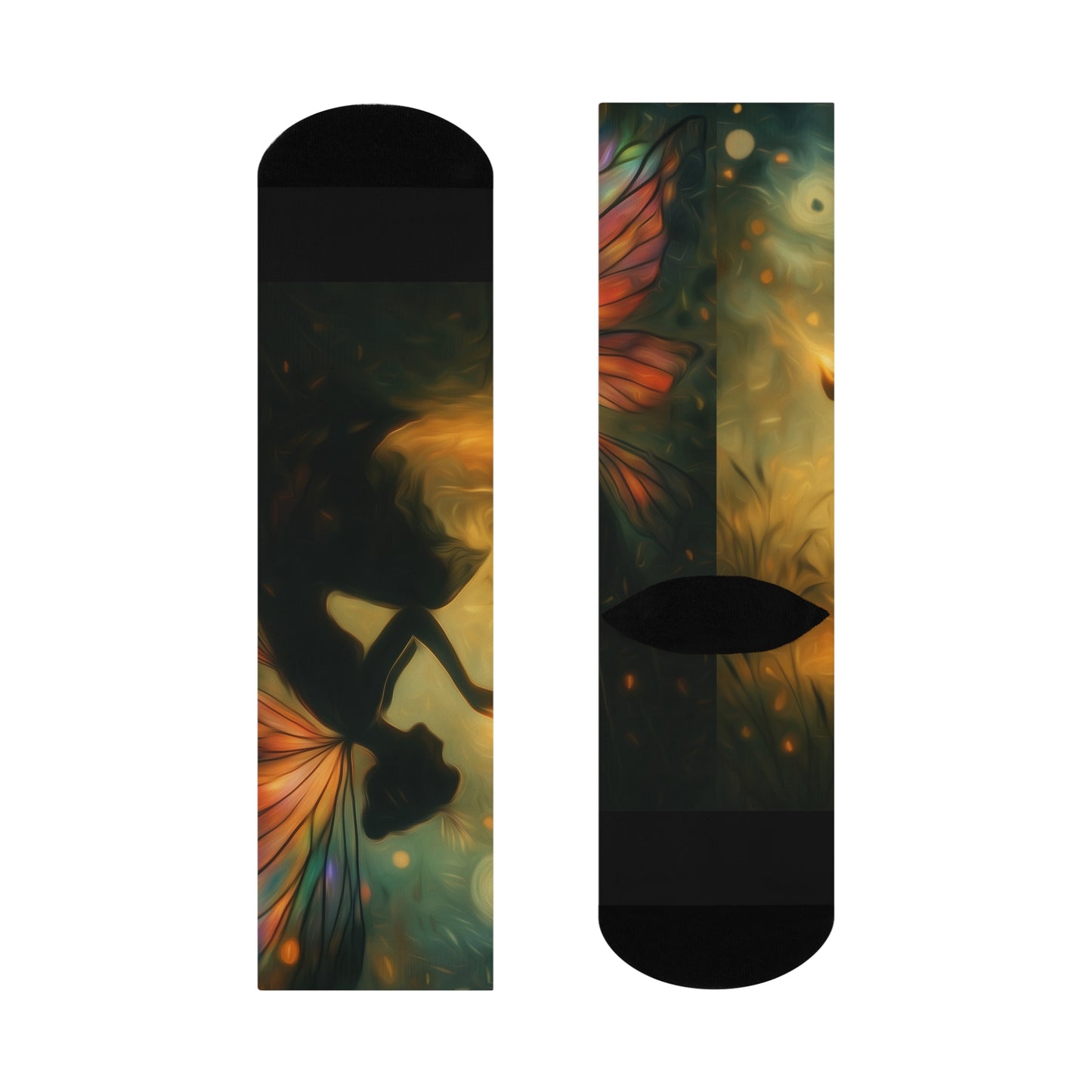 Fairy-themed socks with a fairy silhouette and colorful wings on a dark background