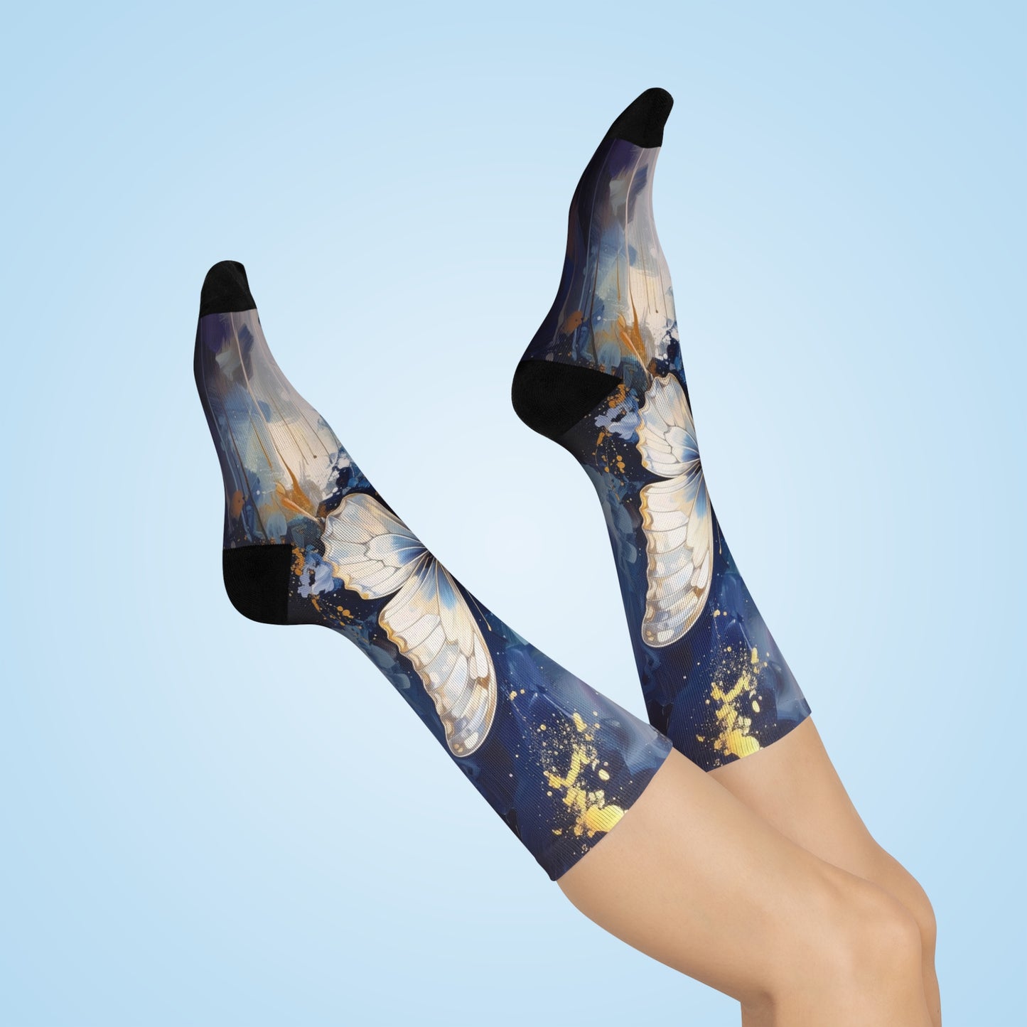 Knee-high socks with butterfly design on a light blue background