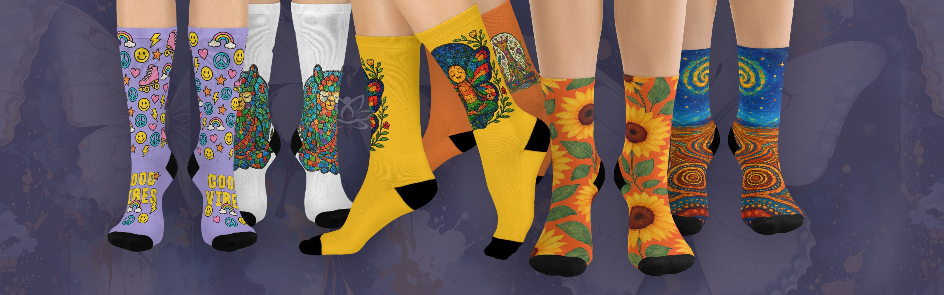 Colorful patterned socks worn by people on a dark background