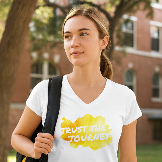 Woman wearing a white t-shirt with 'Trust the Journey' design outdoors.