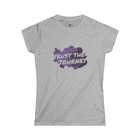 Gray t-shirt with purple graphic and 'Trust The Journey' text on a white background