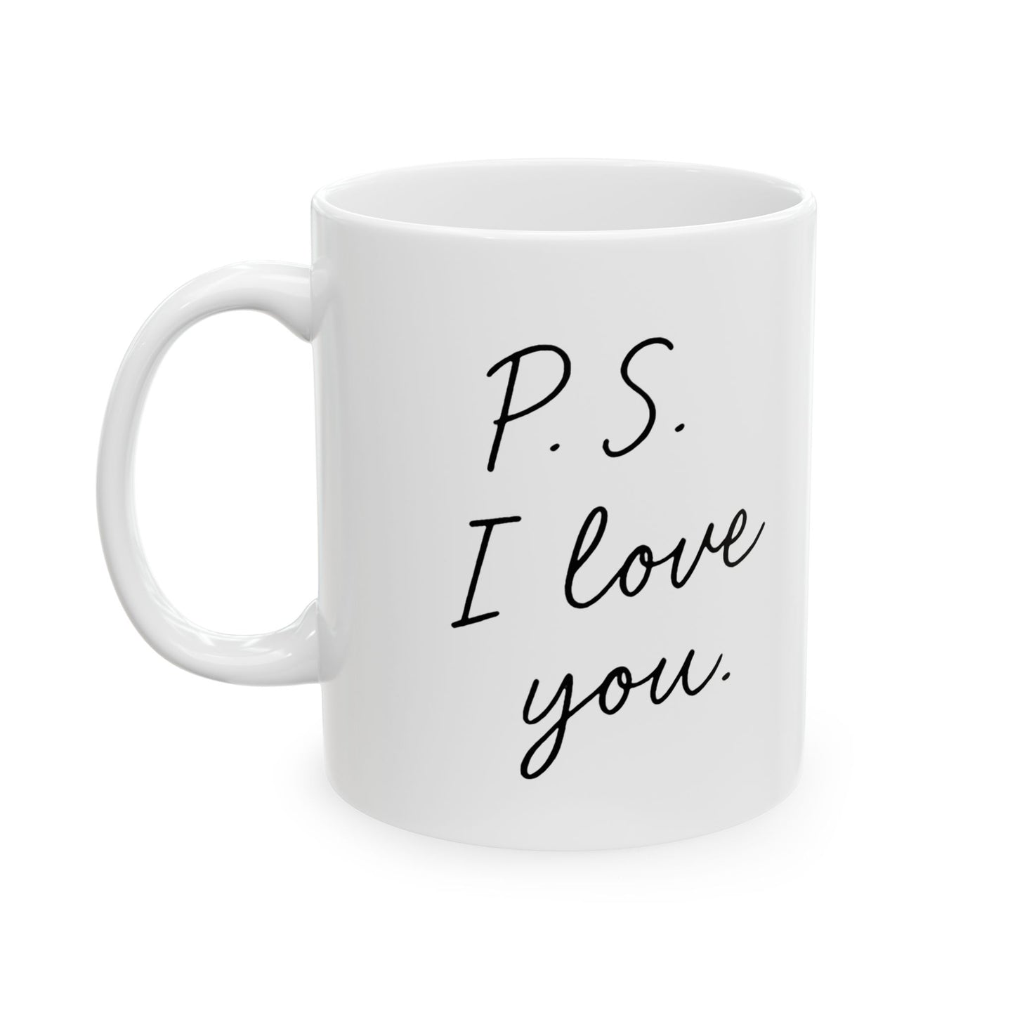 White mug with 'P.S. I love you' text on a white background
