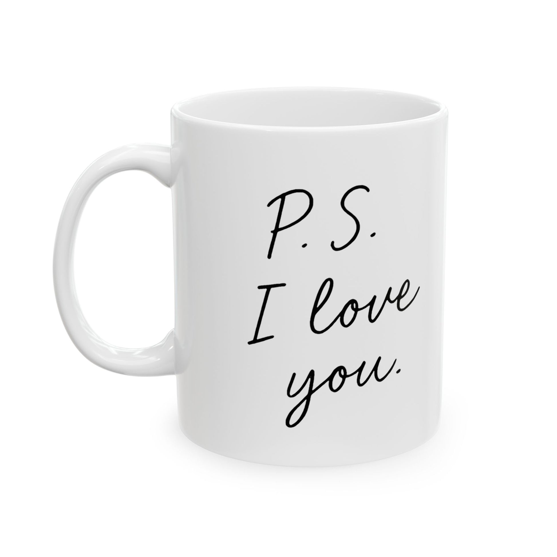 White mug with 'P.S. I love you' text on a white background
