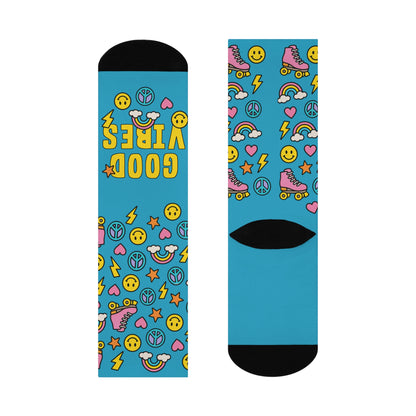 Colorful socks with patterns on a white background