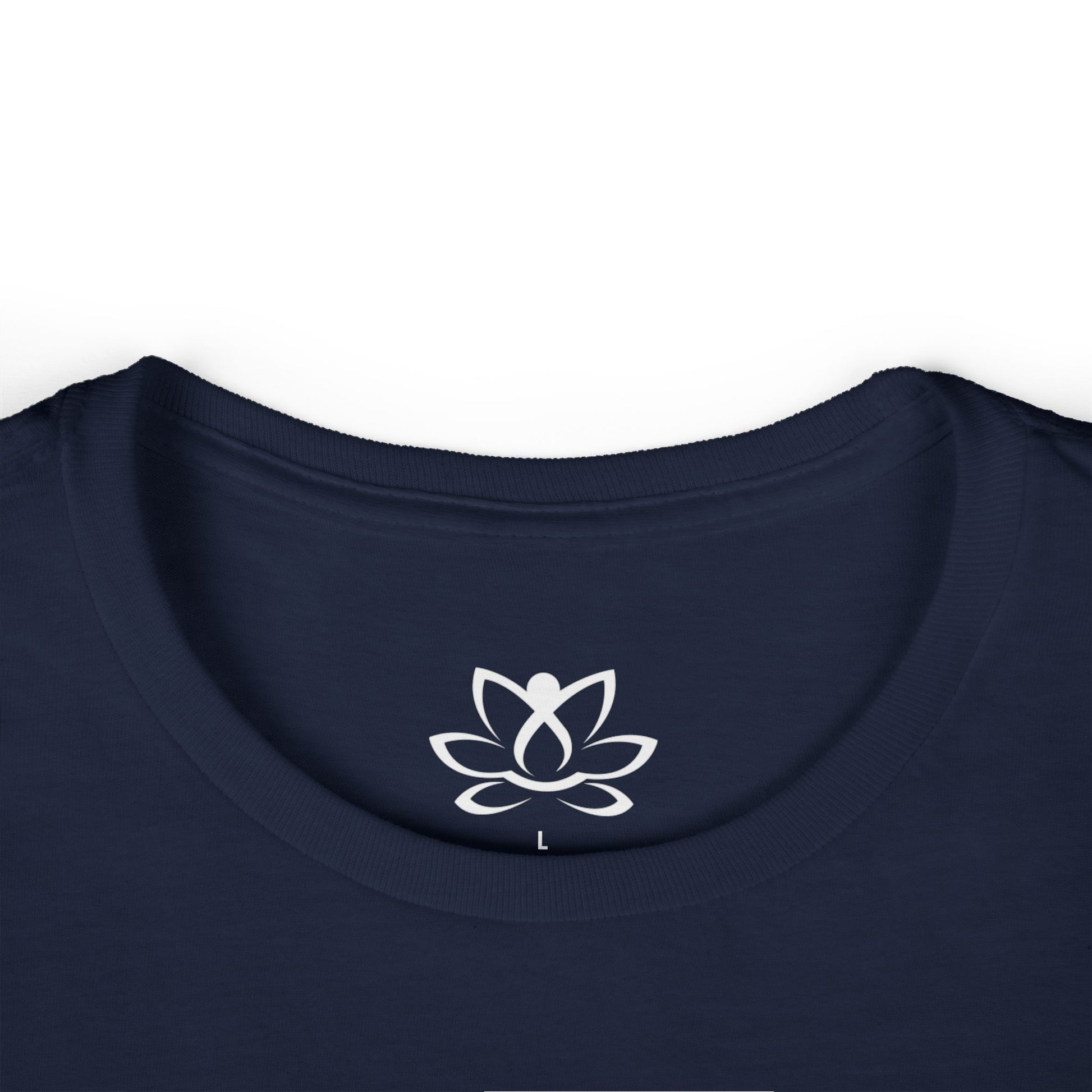 Navy blue shirt with a white lotus flower and figure design on the collar against a white background