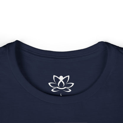 Navy blue shirt with a white lotus flower and figure design on the collar against a white background