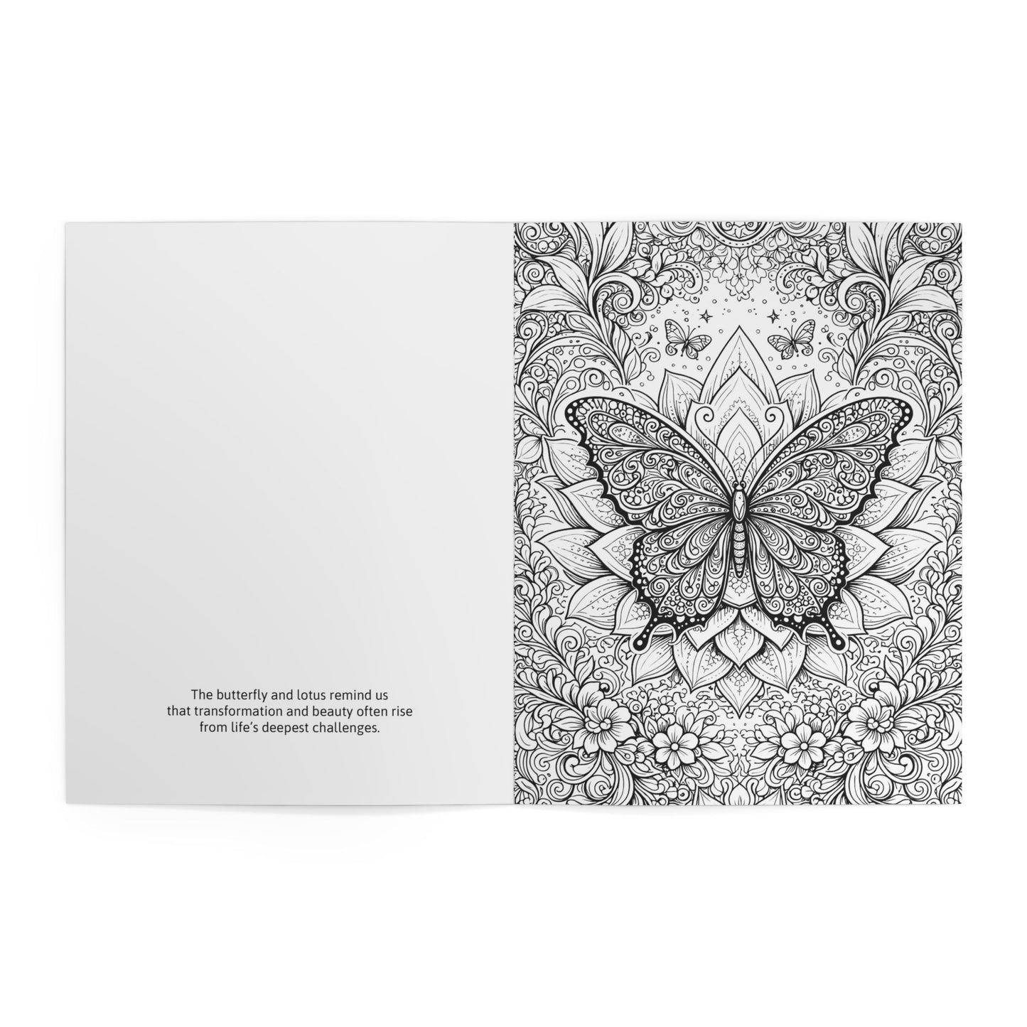 Coloring book page with a detailed butterfly design and text on a white background