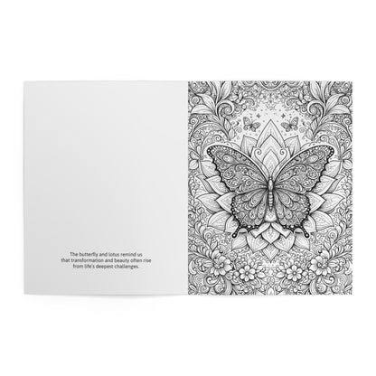 Coloring book page with a detailed butterfly design and text on a white background