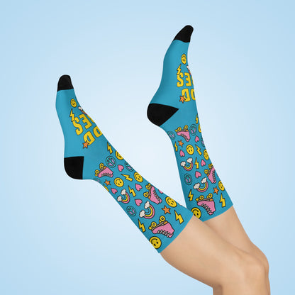 Colorful socks with patterns on a light blue background