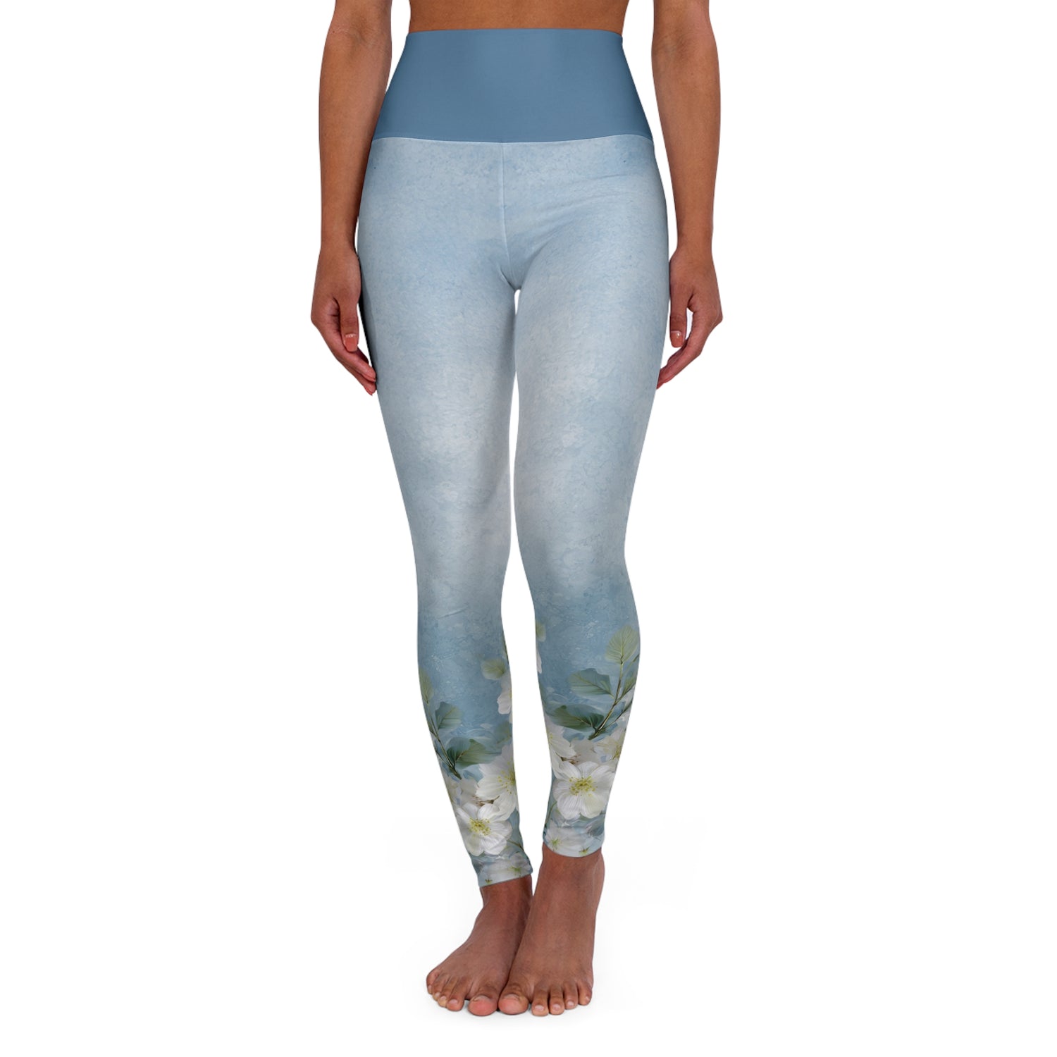 Leggings with a nature-themed design on a white background
