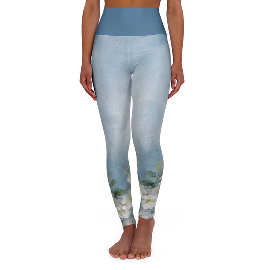 Leggings with a nature-themed design on a white background