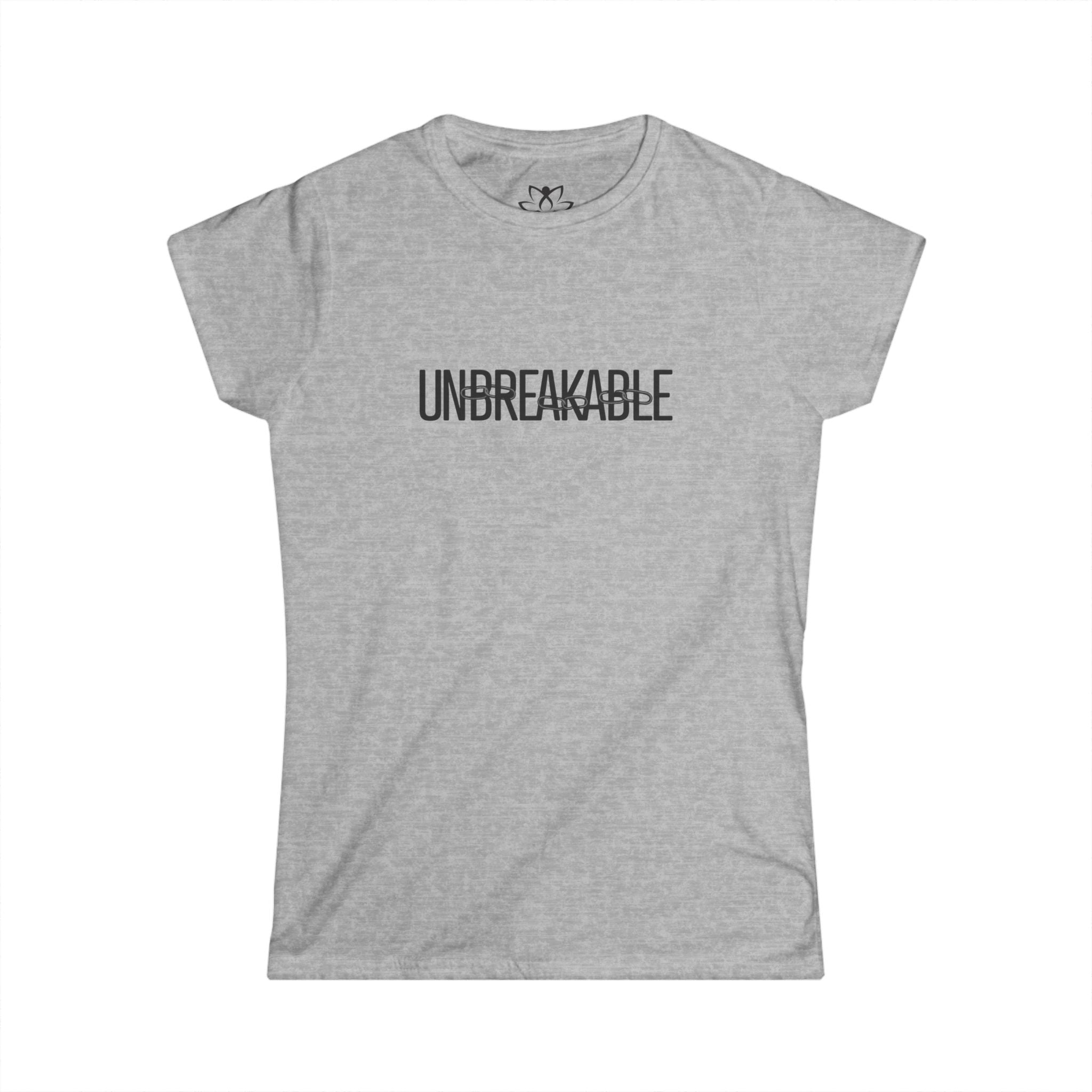 Gray t-shirt with 'UNBREAKABLE' text on a white background