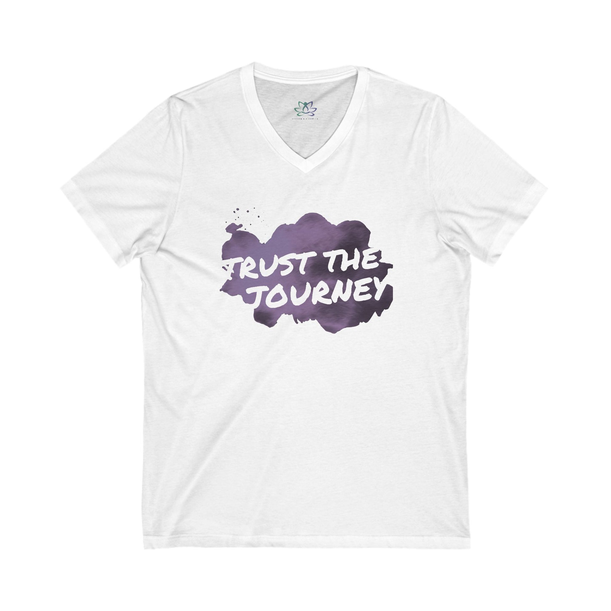 White t-shirt with purple 'Trust the Journey' design on a white background