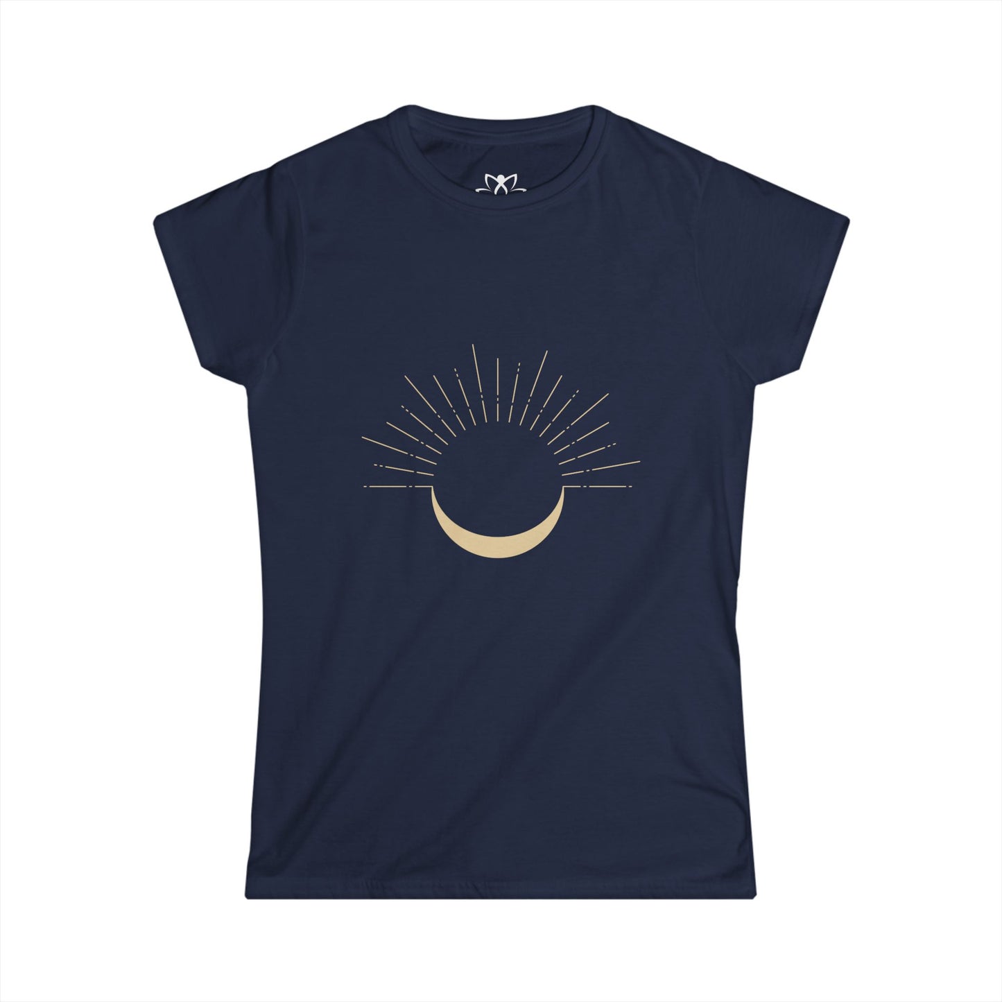 Navy blue t-shirt with a sun and moon graphic on a white background