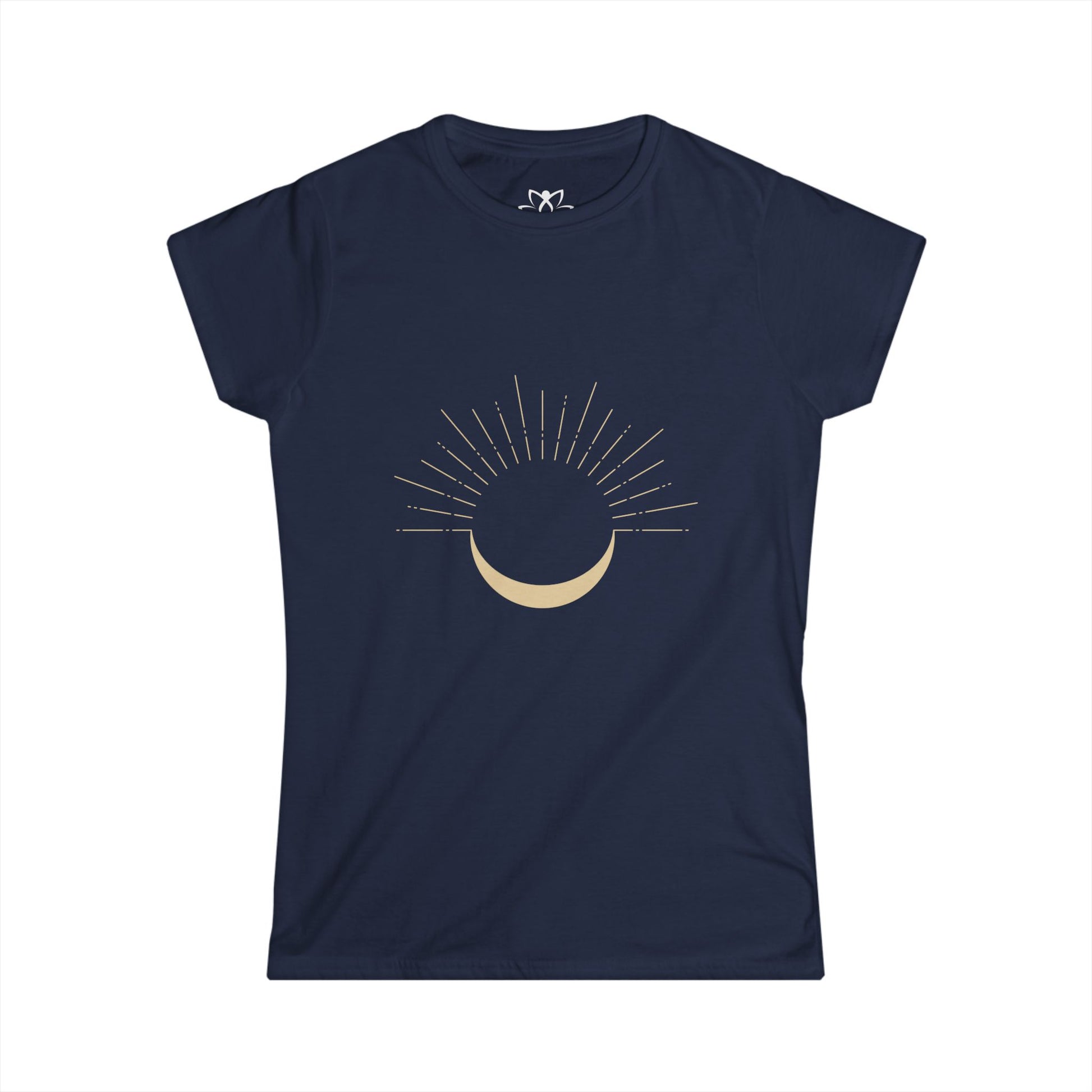 Navy blue t-shirt with a sun and moon graphic on a white background