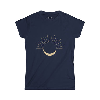 Navy blue t-shirt with a sun and moon graphic on a white background