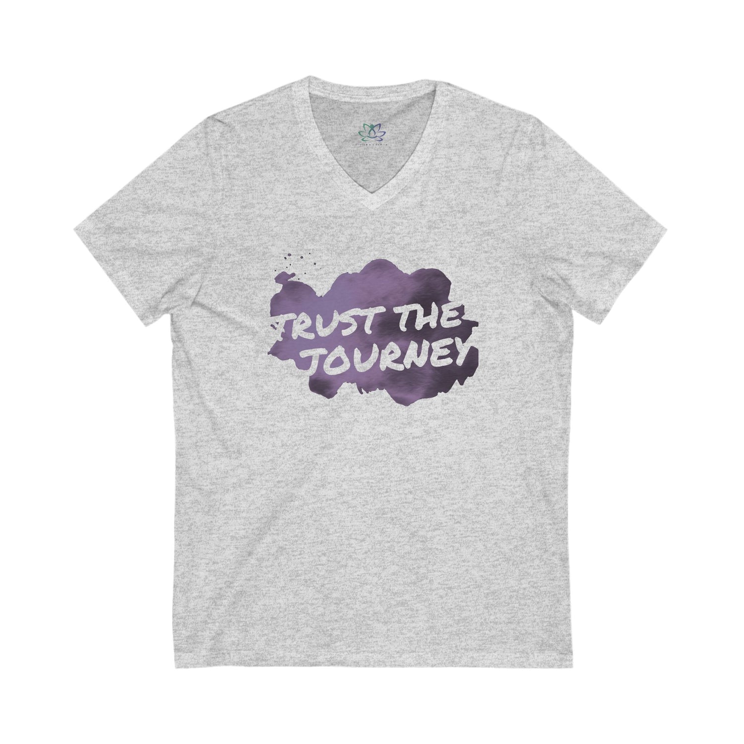 Gray V-neck t-shirt with purple cloud design and 'Trust the Journey' text on a white background