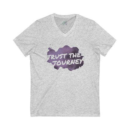 Gray V-neck t-shirt with purple cloud design and 'Trust the Journey' text on a white background