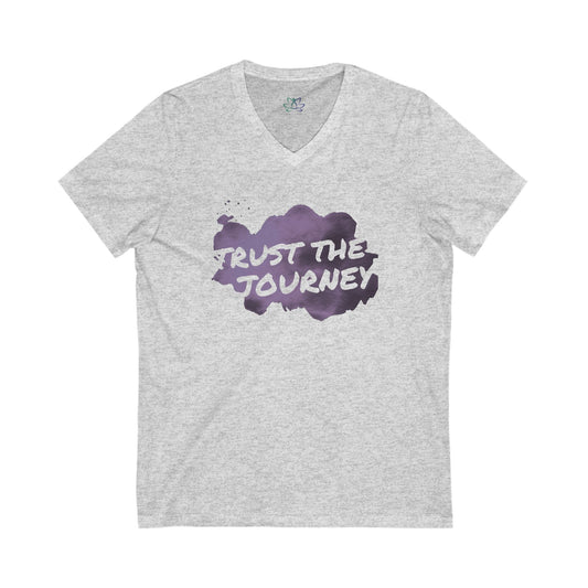 Gray V-neck t-shirt with purple cloud design and 'Trust the Journey' text on a white background