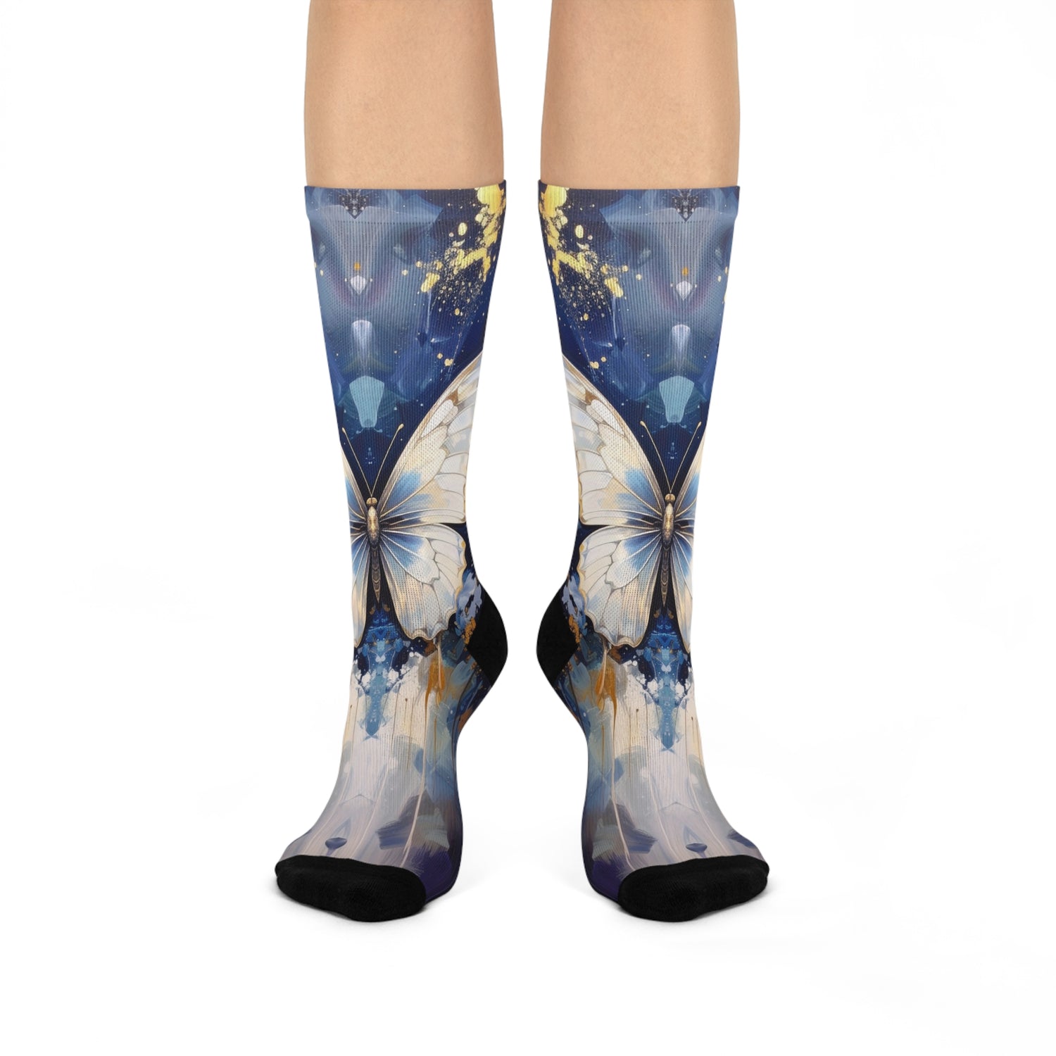 Knee-high socks with butterfly design on a white background