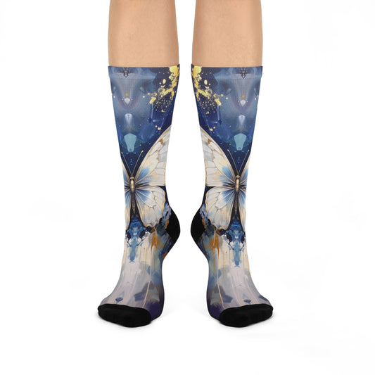 Knee-high socks with butterfly design on a white background