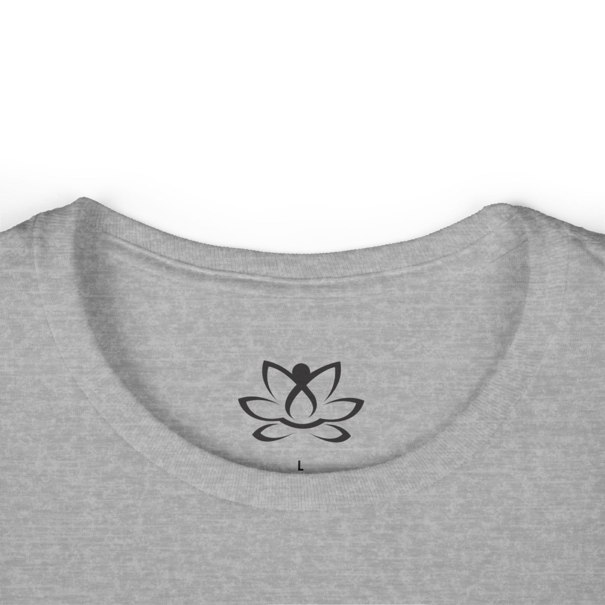 Gray t-shirt with a black lotus flower symbol on a white background