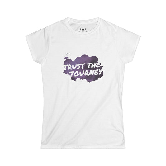 White t-shirt with purple graphic and text 'Trust The Journey' on a white background