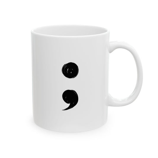 White mug with black semicolon design on a white background