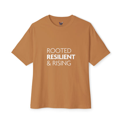 Brown t-shirt with 'ROOTED RESILIENT & RISING' text on a white background