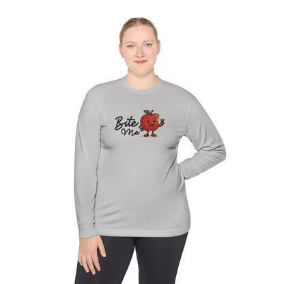 Whimsical Long Sleeve Tee - 'Bite Me' Graphic, Cute Casual Shirt, Gift for Food Lovers, Fall Fashion, Trendy Unisex Top