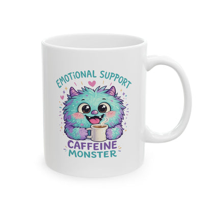 White mug with a cartoon monster holding a cup, labeled 'Emotional Support Caffeine Monster' on a white background.