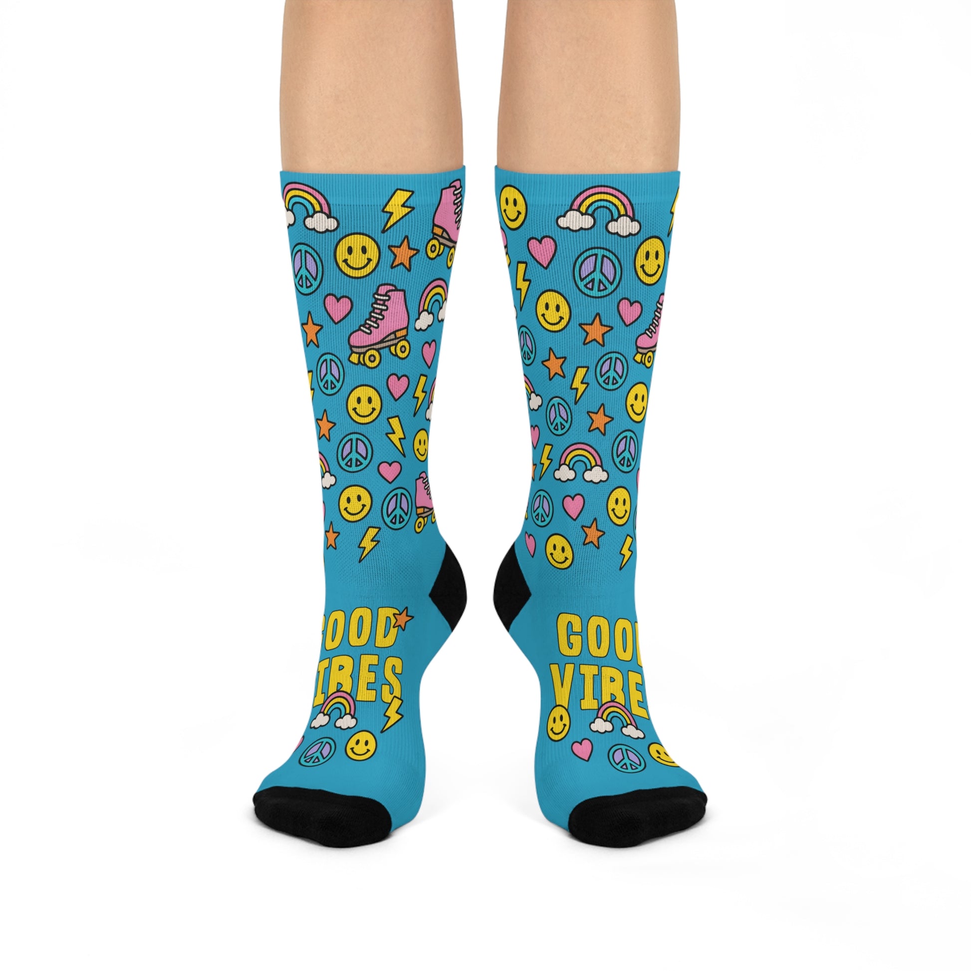 Blue knee-high socks with colorful patterns and text on a white background