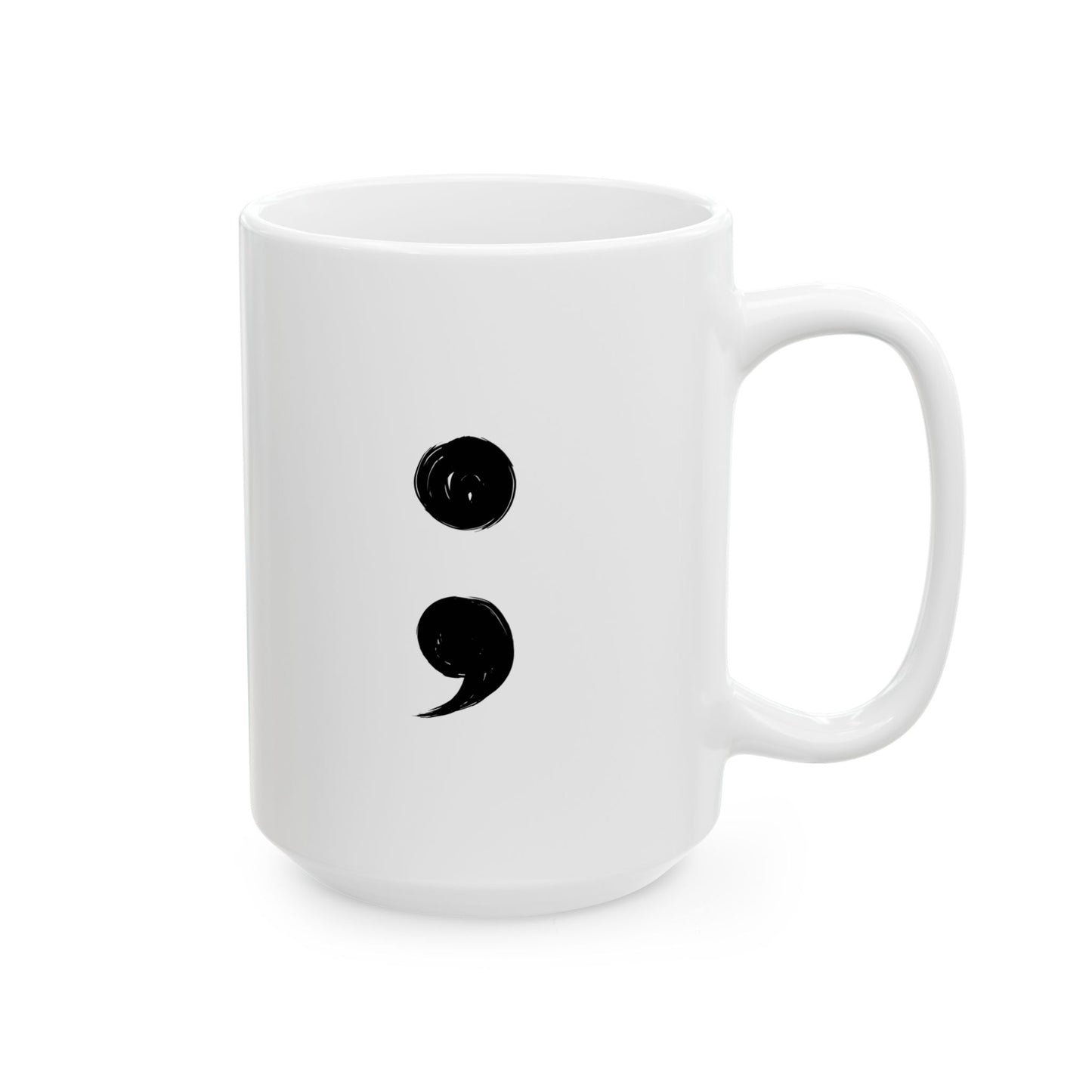 White mug with black semicolon design on a white background