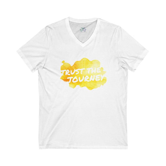 White t-shirt with yellow graphic and 'Trust the Journey' text on a white background